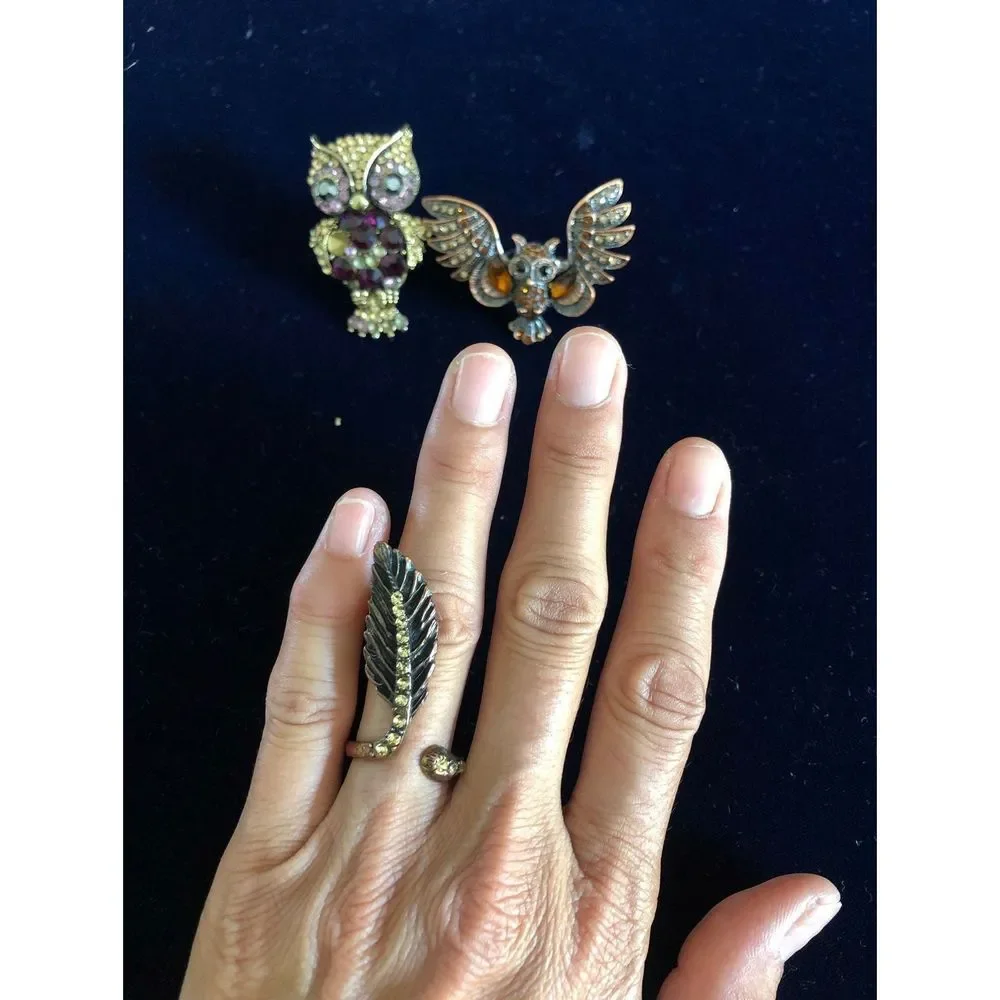 Owl & feather rings bundle gold tone
